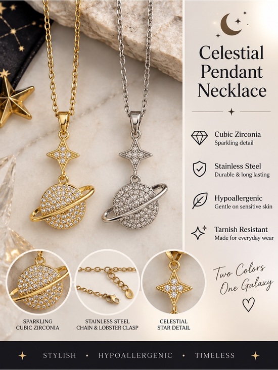 unbranded Jewelry - Gold or Silver Stainless Steel Planet & Star Pendant Necklace Celestial Jewelry